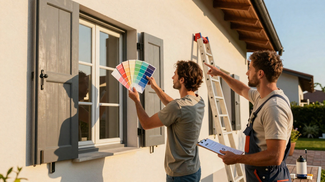 Dois homens escolhem cores para pintar a fachada de uma casa durante o dia.