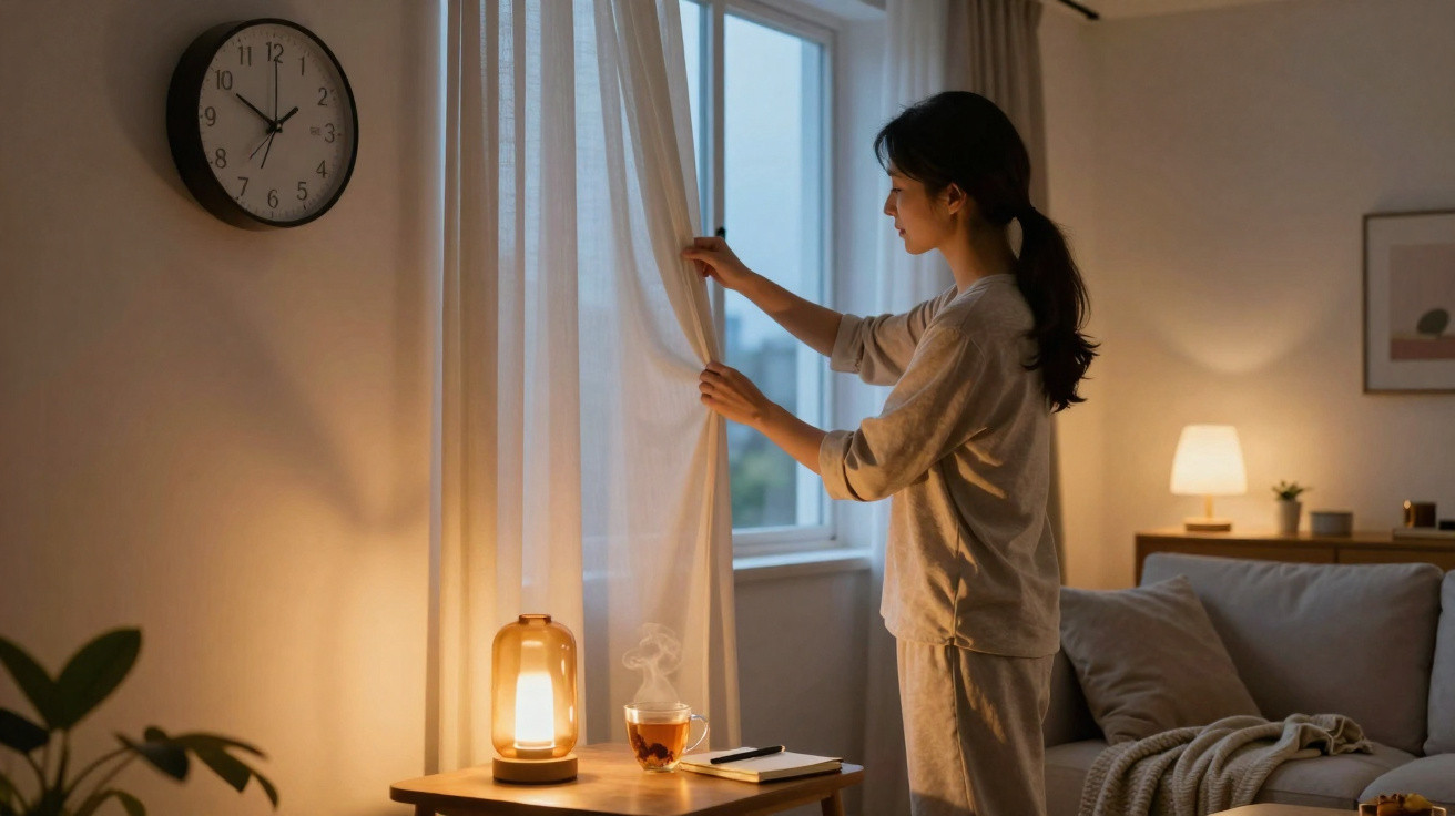 Mulher a abrir cortinas num quarto acolhedor ao início da manhã com chá, caderno e luz suave.