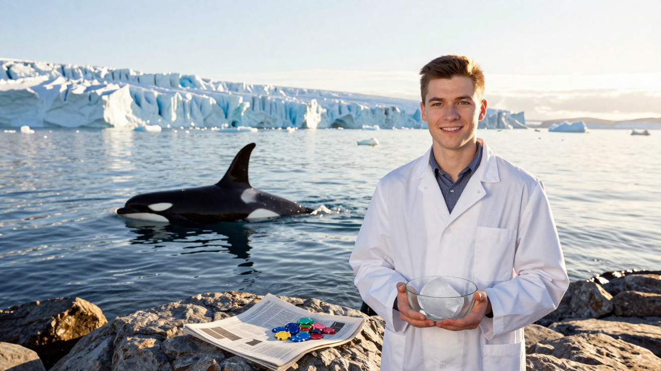 Jovem cientista em casaco branco segura bola de gelo perto do mar com orca e icebergues ao fundo.