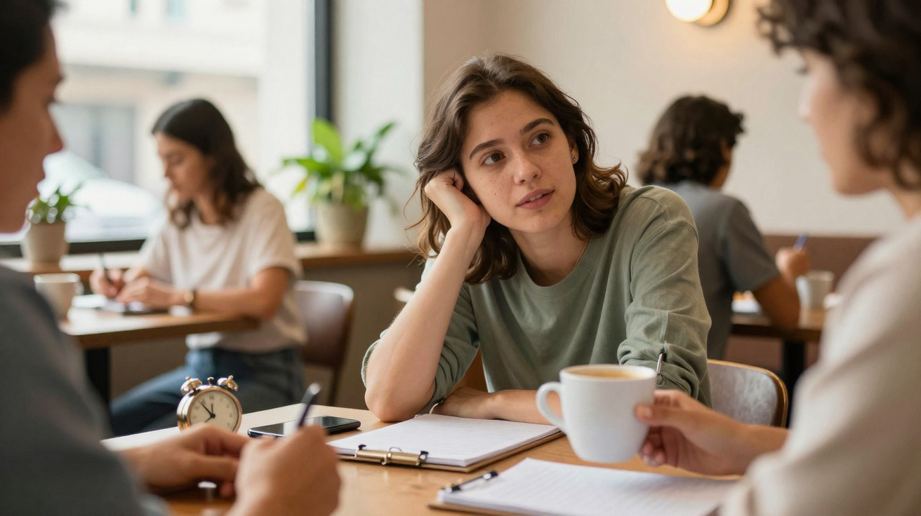 Jovem sentada numa mesa de café, a ouvir atentamente enquanto conversa com outras pessoas.