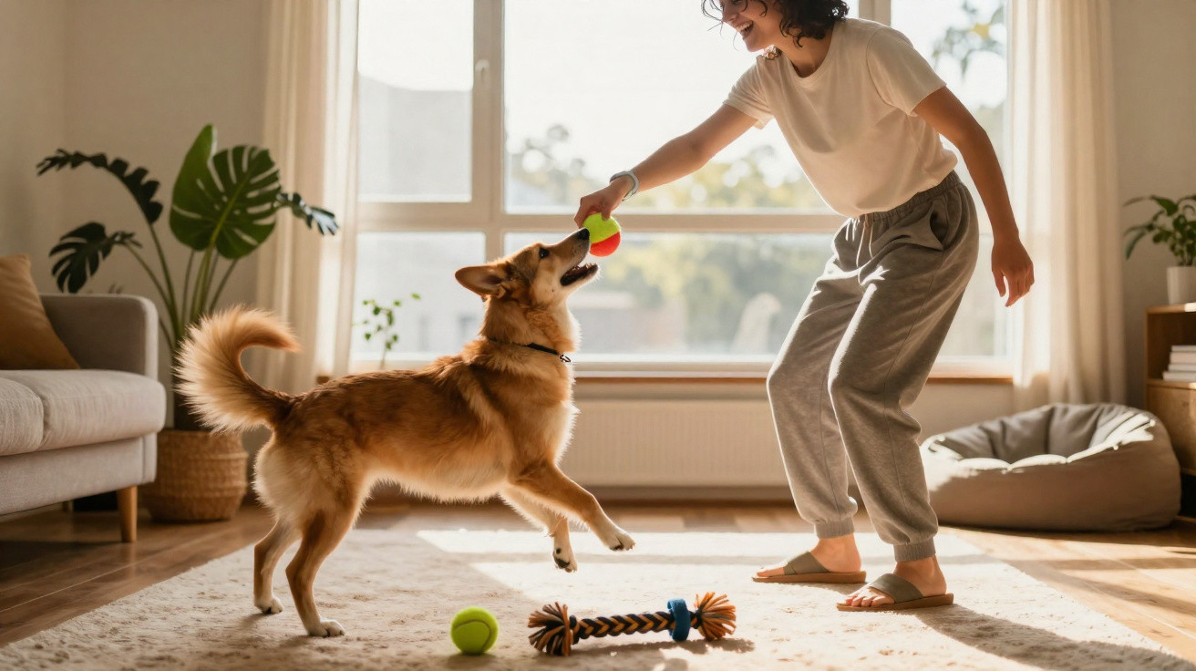 Mulher a brincar com cão castanho com bola verde dentro de sala iluminada.