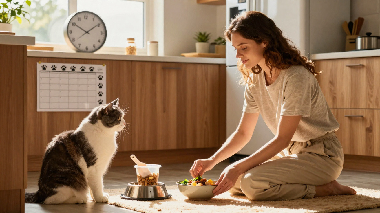Mulher sentada no chão da cozinha a preparar refeição para gato sentado ao lado de comedouro.