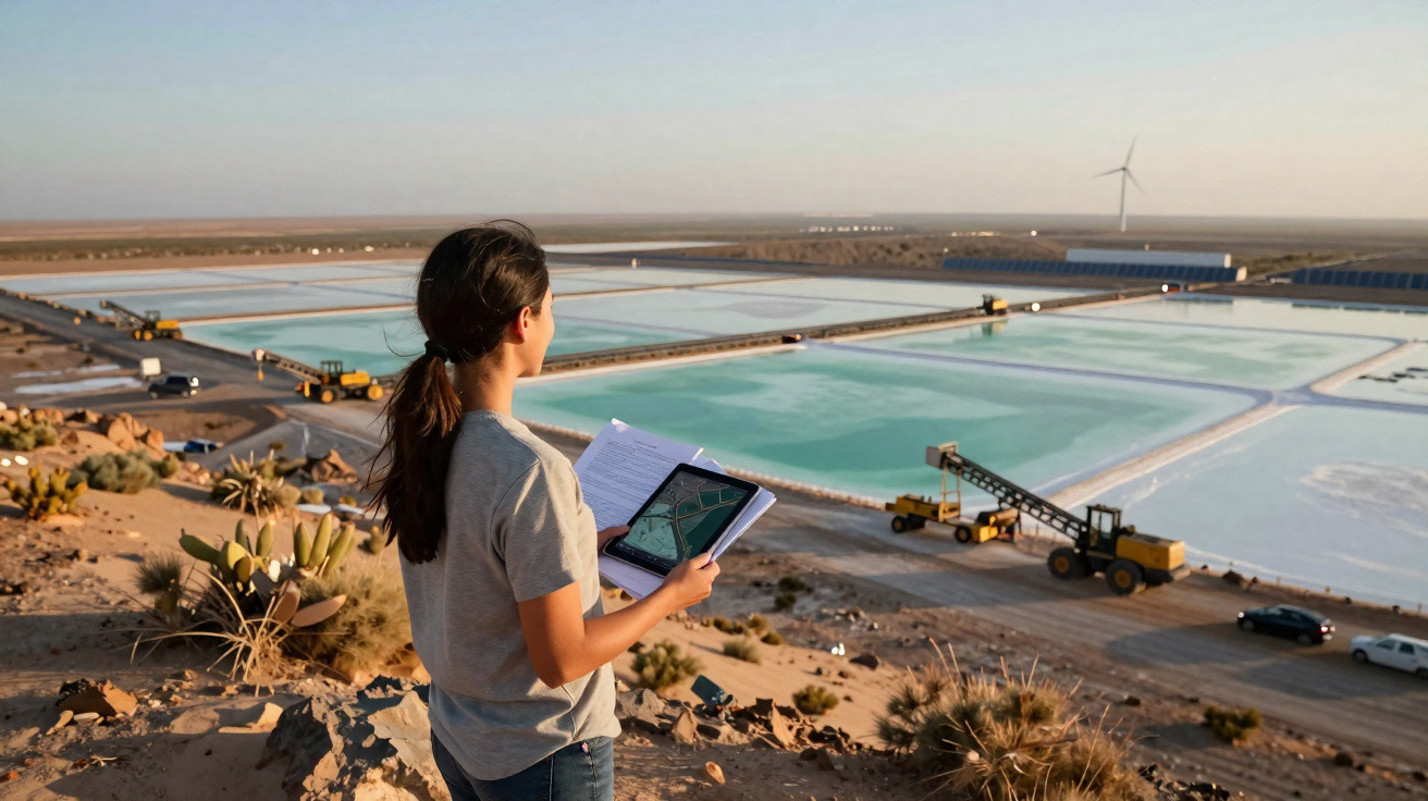 Mulher com tablet e documentos observa lagoas de evaporação para extração de lítio num ambiente árido.