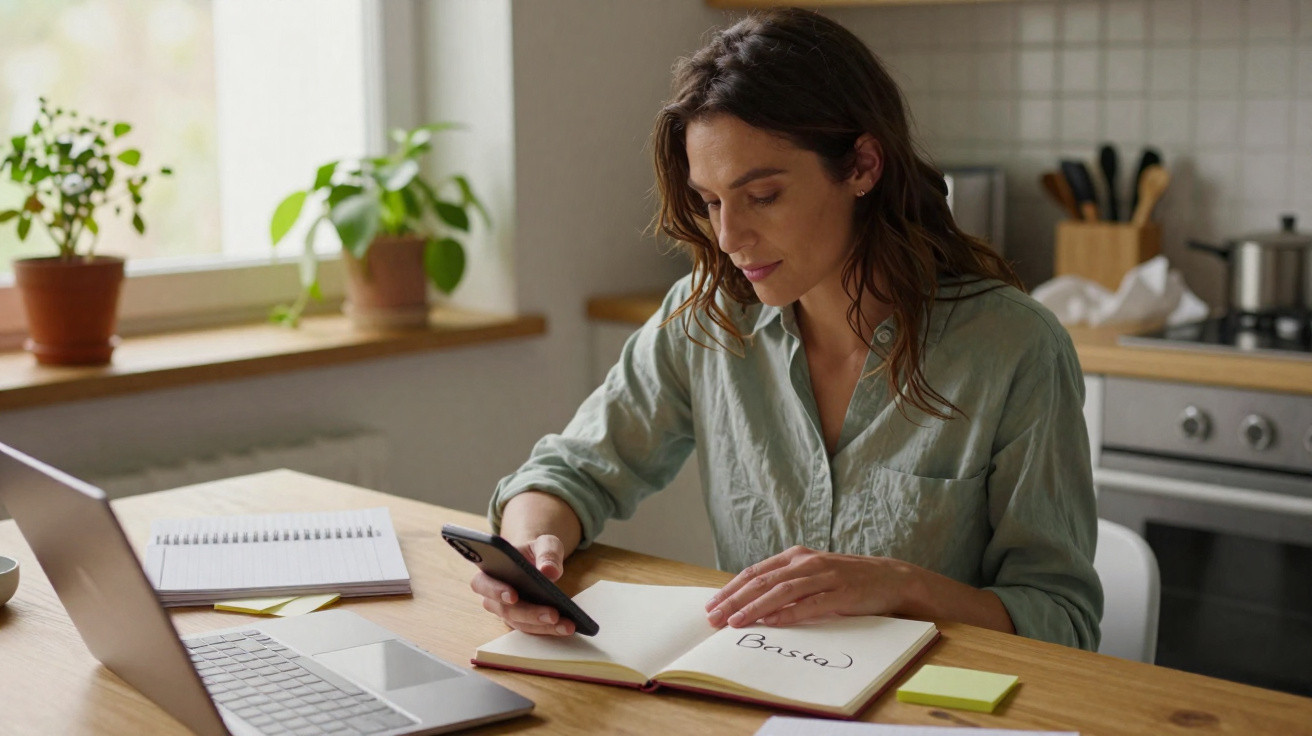 Mulher sentada à mesa, a consultar o telemóvel e a fazer anotação num caderno na cozinha.