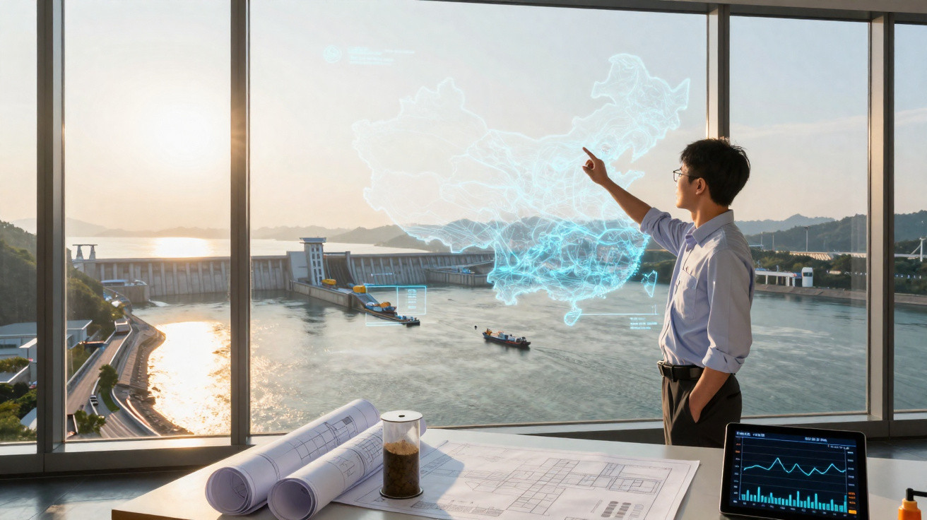 Homem analisa mapa digital holográfico com vista para uma barragem e plantas técnicas sobre a mesa.