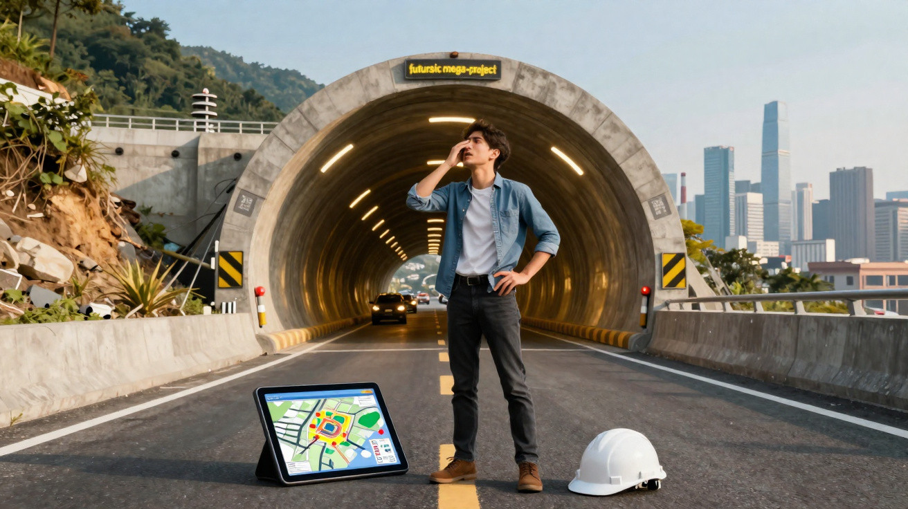 Homem em túnel de estrada a falar ao telemóvel, com capacete e tablet a mostrar mapa no chão.