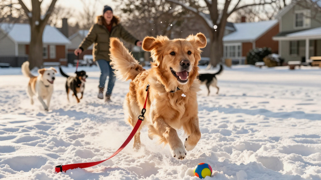 Cão dourado a correr na neve atrás de uma bola colorida, com outros cães e pessoa ao fundo.