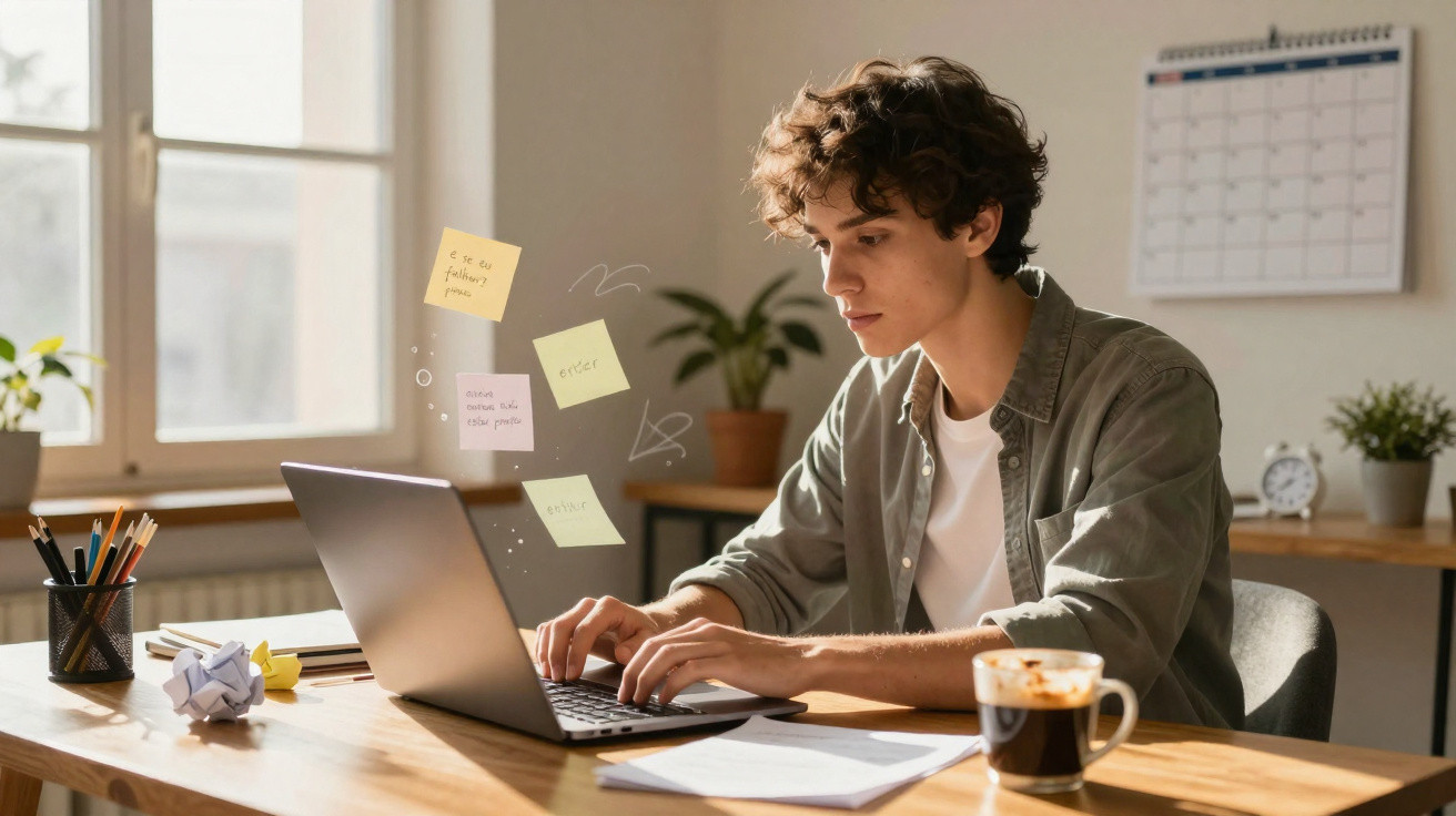 Jovem a trabalhar num computador portátil numa mesa com caneca de café e notas autocolantes à volta.