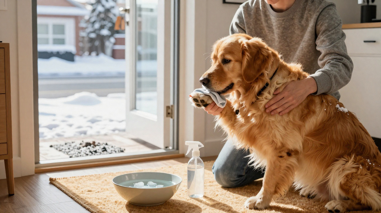 Pessoa a limpar a pata de um cão Golden Retriever dentro de casa, com neve visível no exterior.