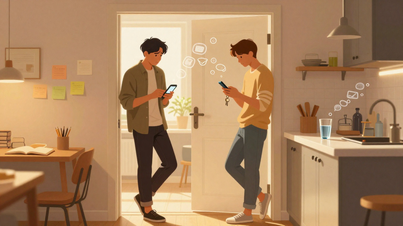 Dois jovens de pé no interior de uma casa a utilizarem telemóveis, rodeados por ambientes de escrita e cozinha.