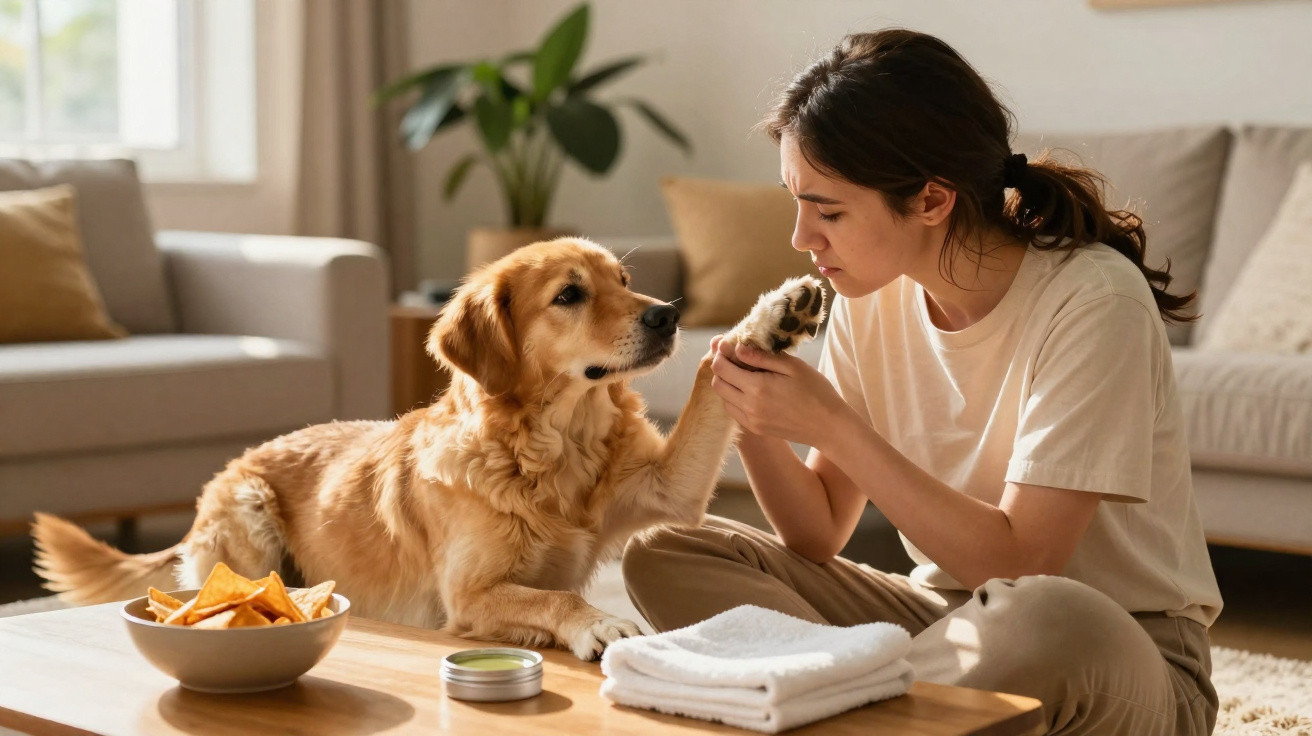Mulher a cuidar da pata de um cão golden retriever numa sala de estar acolhedora.