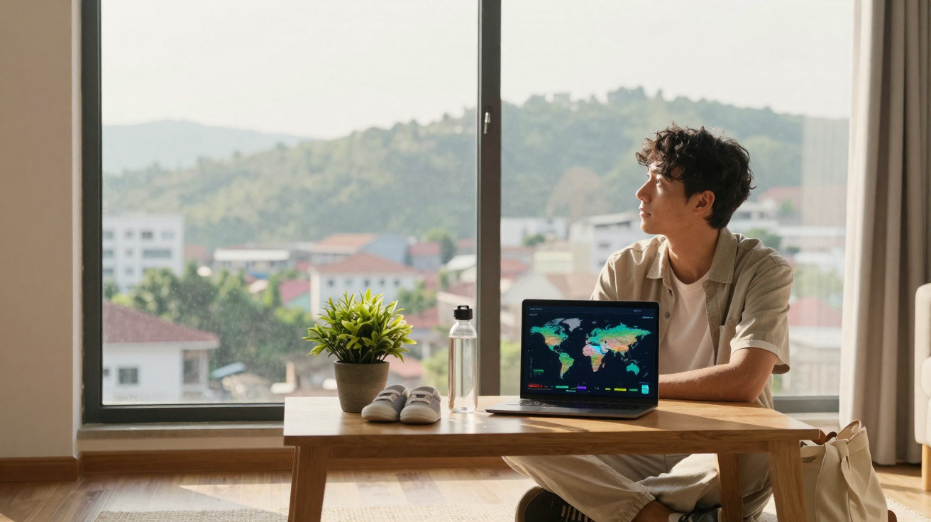Jovem sentado no chão junto a mesa baixa com computador aberto a mostrar mapa do mundo.