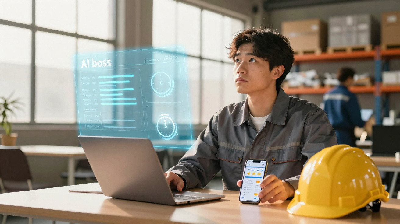 Jovem sentado à secretária com computador, telemóvel e capacete amarelo, com interface holográfica visível.