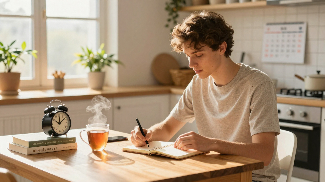 Jovem a escrever num caderno sentado à mesa de cozinha com chá quente e despertador ao lado.