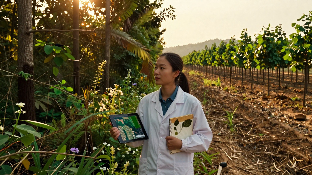 Mulher cientista numa vinha ao pôr do sol, segurando tablet e caderno com folhas para estudo botânico.