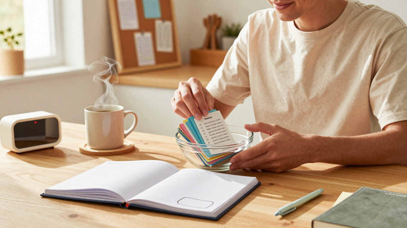 Pessoa a tirar cartões de estudo de uma tigela com caderno, caneta, relógio e chá quente numa mesa de madeira.