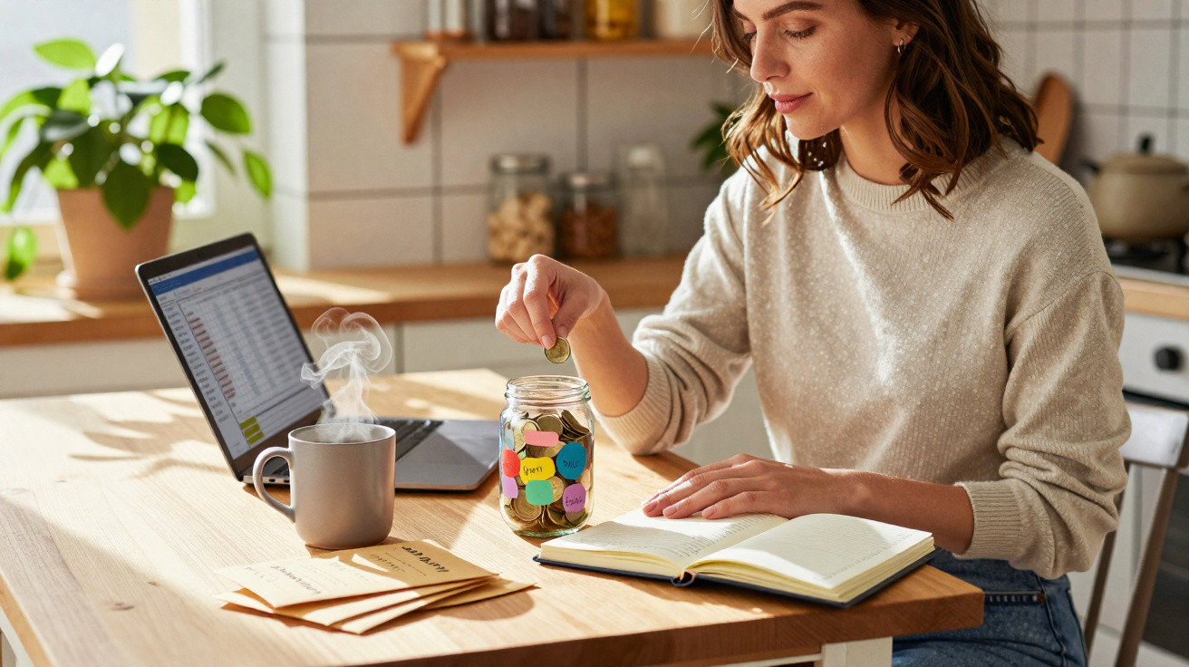 Mulher sentada à mesa a guardar moedas num mealheiro, com portátil, caderno e chá quente ao lado.
