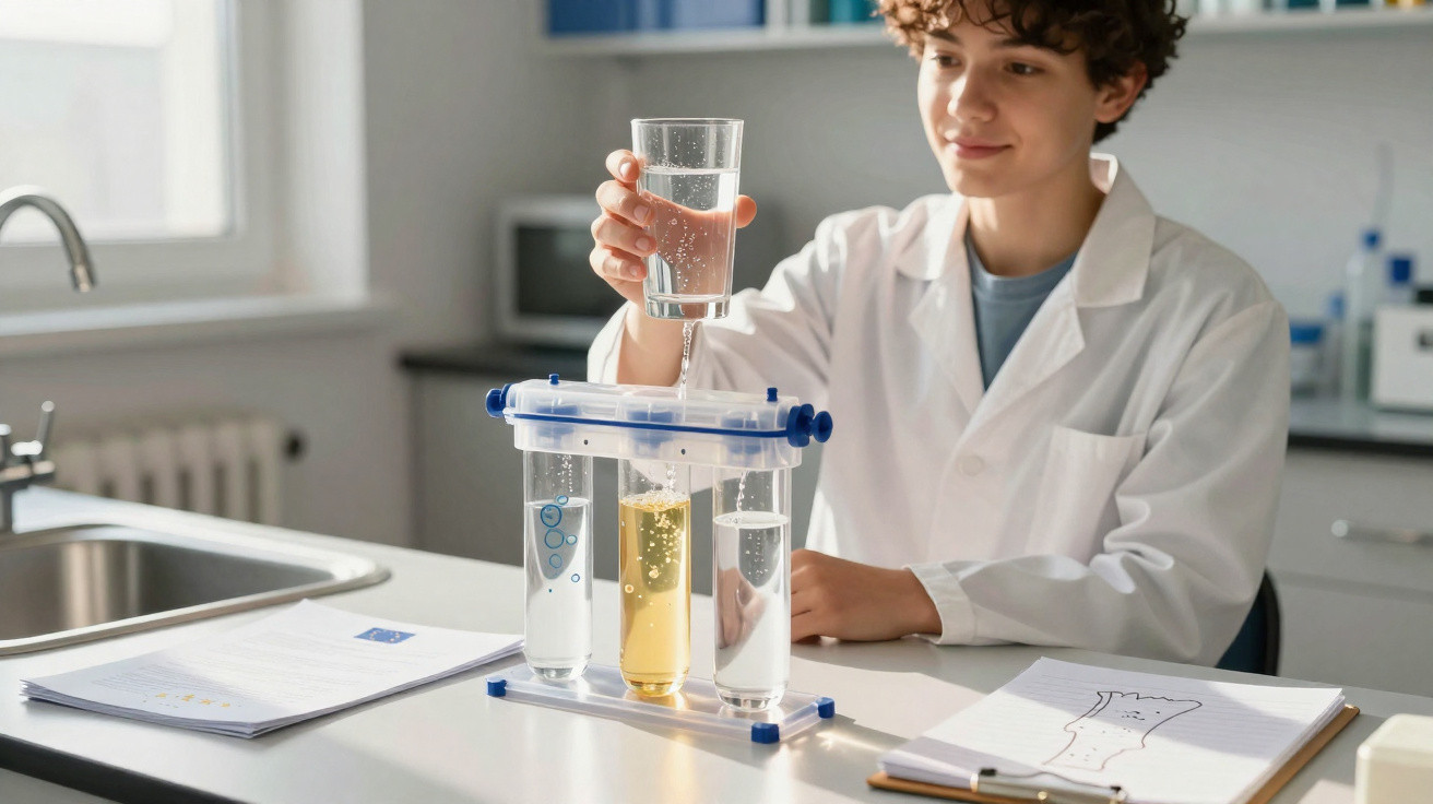Pessoa jovem em bata branca realiza experimento com líquidos em tubos de ensaio num laboratório.