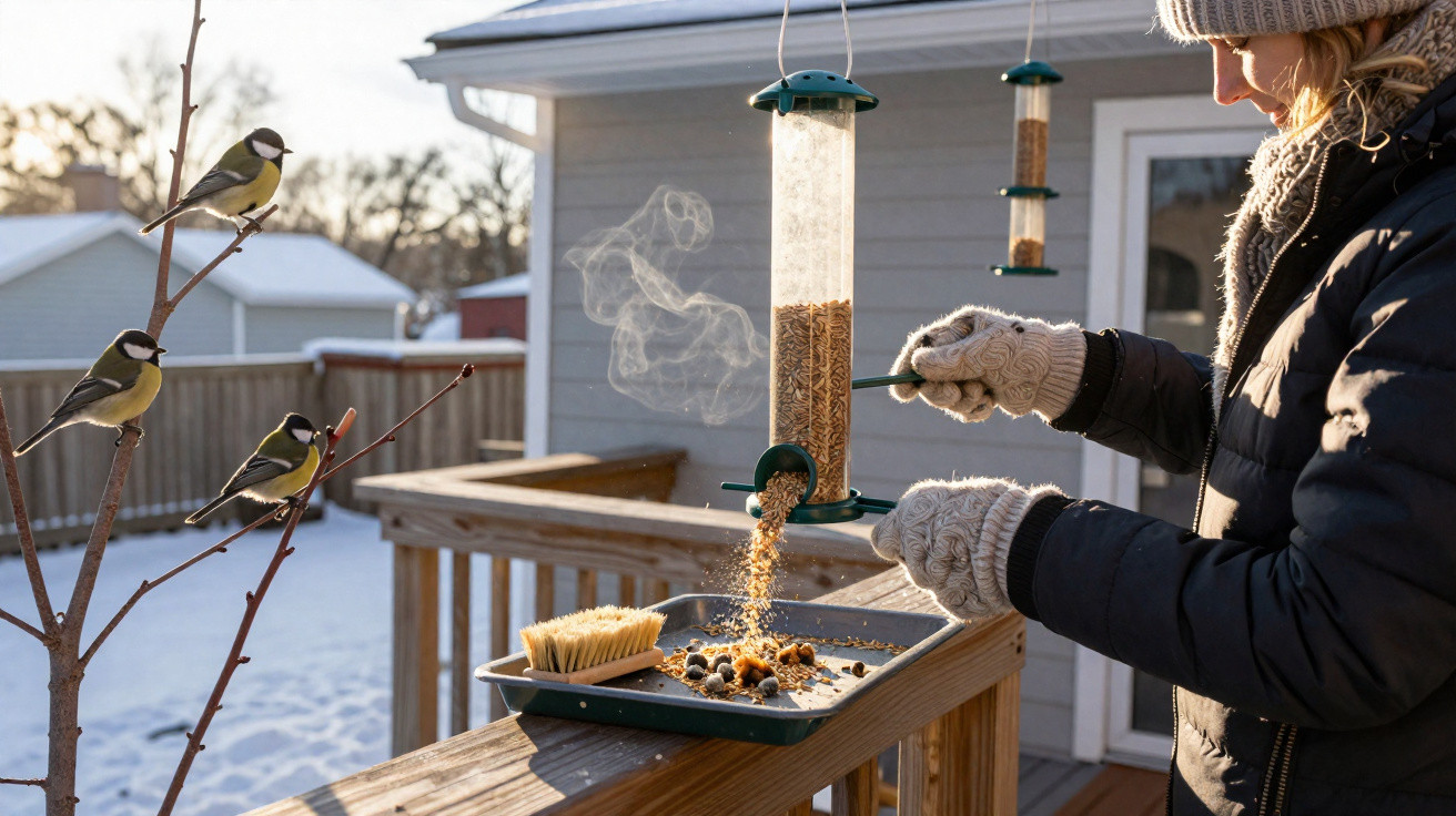 Pessoa a alimentar pássaros numa varanda com neve, usando luvas e casaco quente.