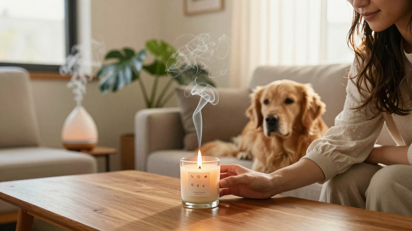 Pessoa apagando uma vela perfumada num candeeiro com cão dourado ao fundo na sala de estar.