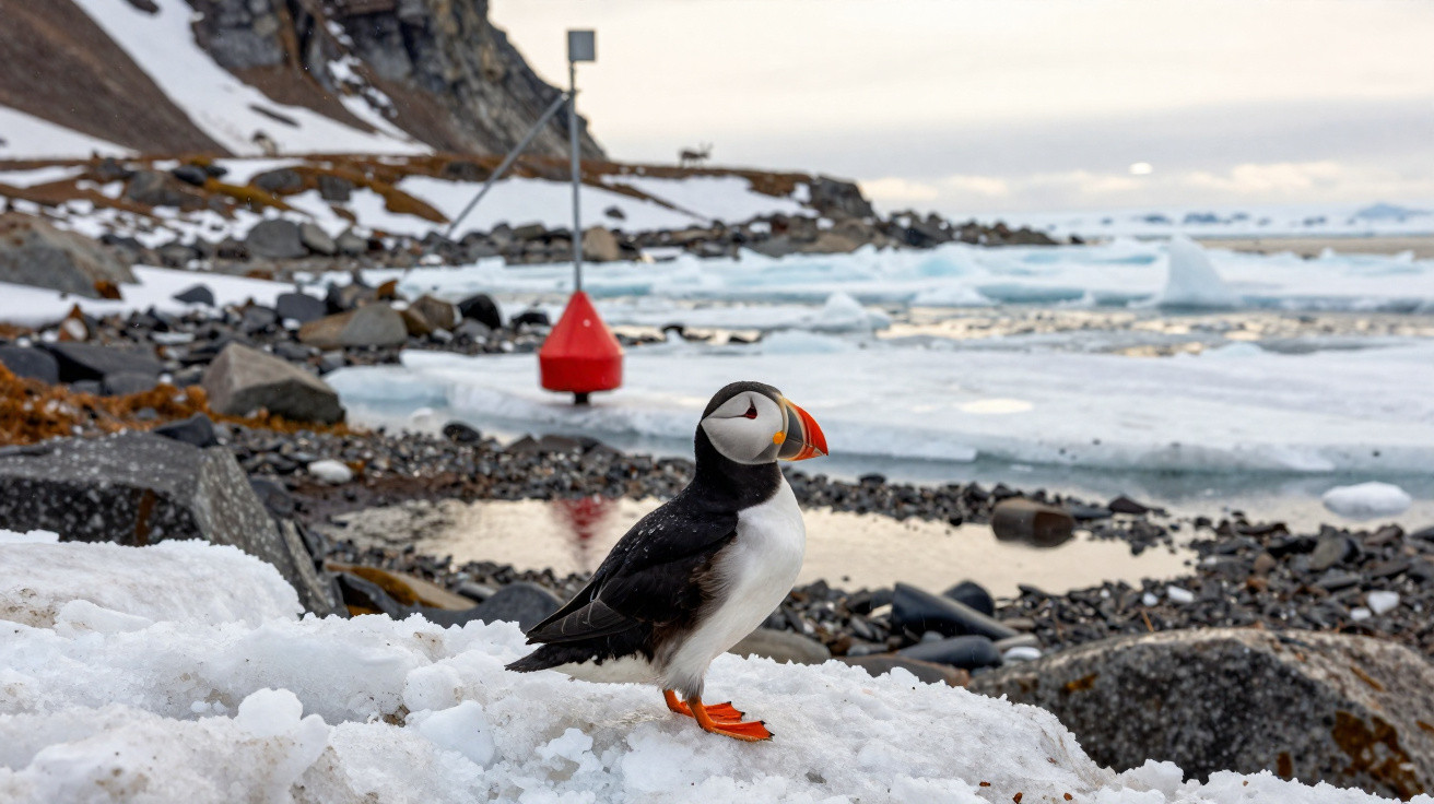 Pinguim-de-bico-de-tigre sobre neve perto de uma costa rochosa com gelo e bóia vermelha ao fundo.