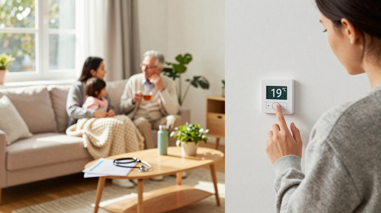 Mulher ajusta termóstato digital a 19ºC numa sala onde avó, mãe e bebé descansam no sofá.