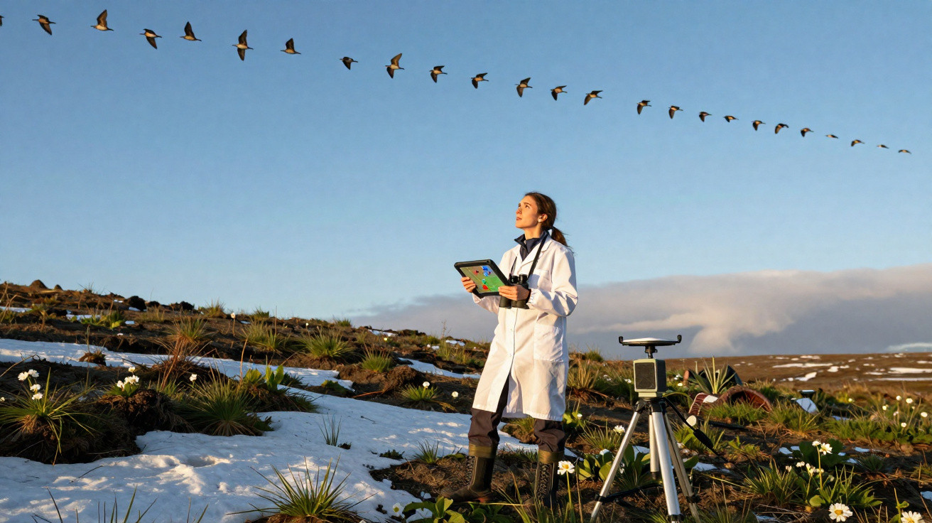 Investigadora em campo com tablet observa aves migratórias voando no céu num terreno com neve e plantas.