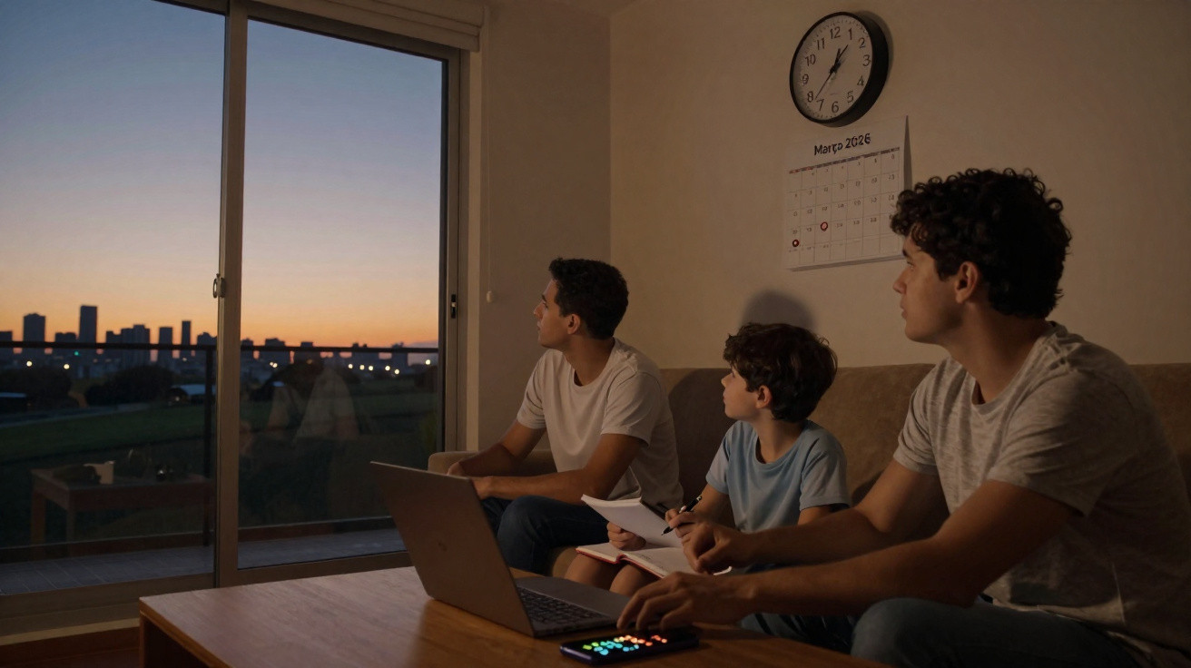Três rapazes sentados numa sala à noite, olhando pela janela enquanto usam computador portátil e fazem anotações.