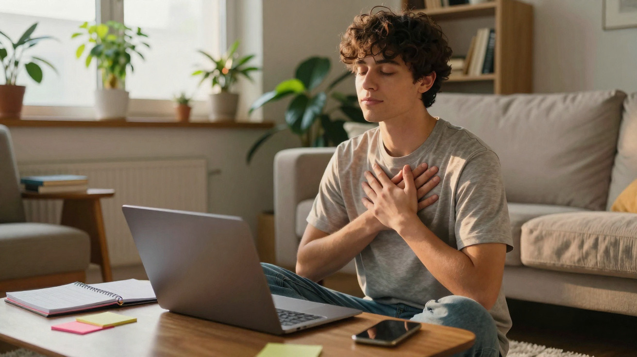 Jovem sentado no chão a meditar em frente a um computador portátil numa sala acolhedora.