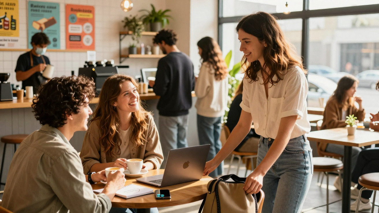 Grupo de jovens a conversar e tomar café numa cafeteria moderna e iluminada.