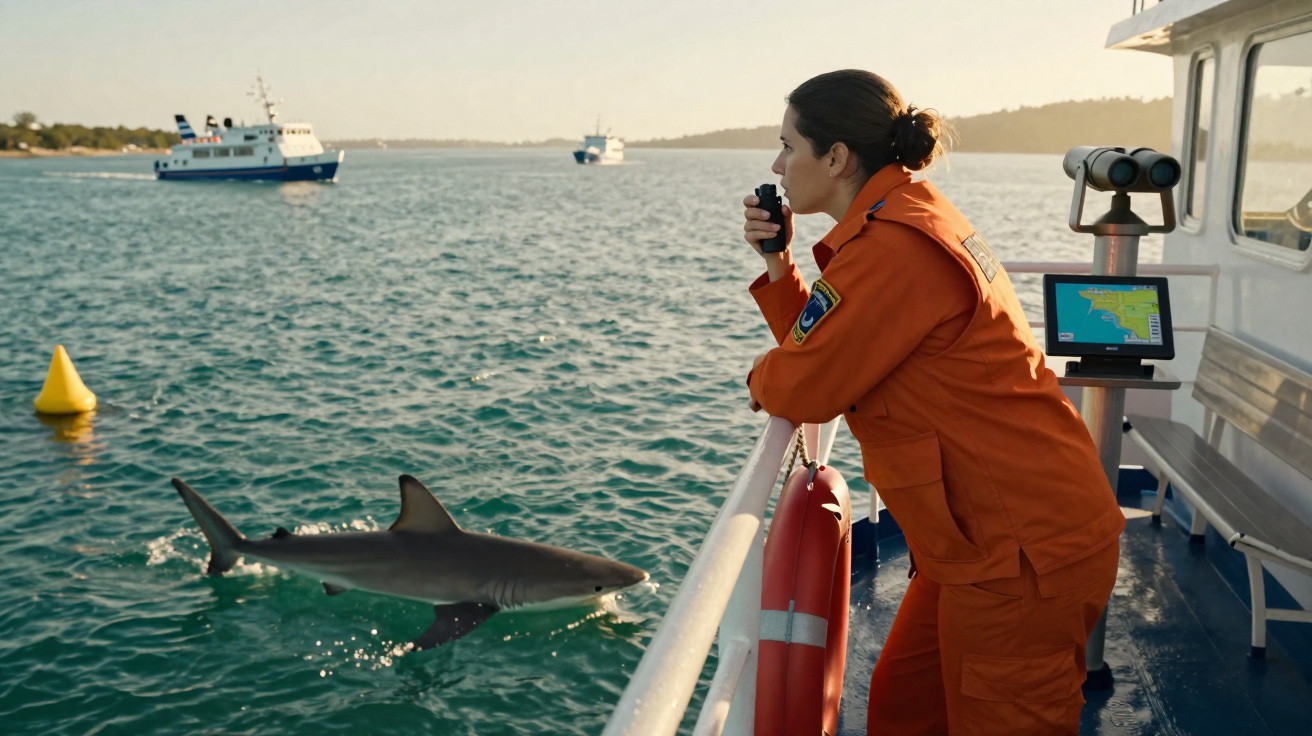Mulher em fato laranja comunica-se por rádio a bordo de barco próximo a tubarão na água.