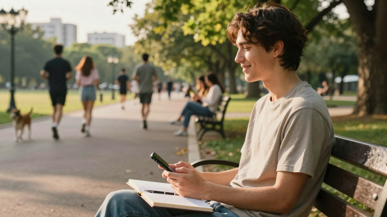 Jovem sentado num banco de parque a usar um telemóvel com caderno aberto no colo e pessoas a caminhar ao fundo.