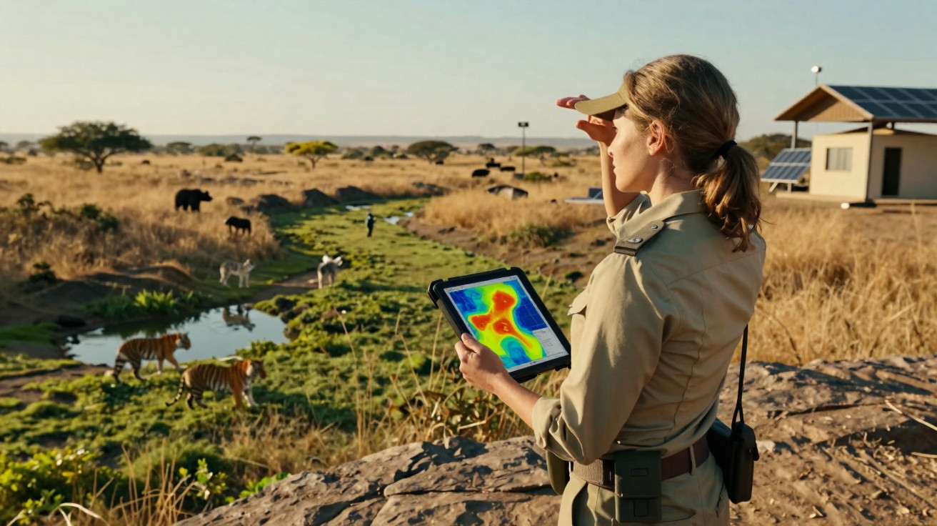 Bióloga numa savana com tablet, a observar tigres, ursos e outros animais junto a um rio.