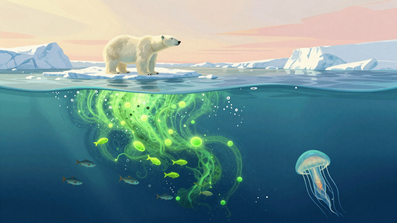 Urso polar em icebergue com algas verdes, peixes e uma água-viva visíveis numa vista subaquática.