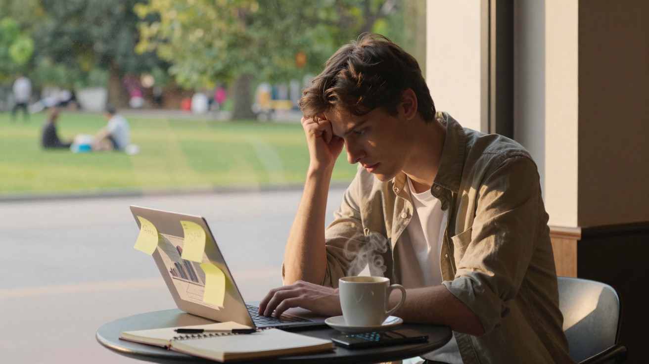 Jovem pensativo a trabalhar num computador portátil num café com uma chávena de café quente e notas adesivas.