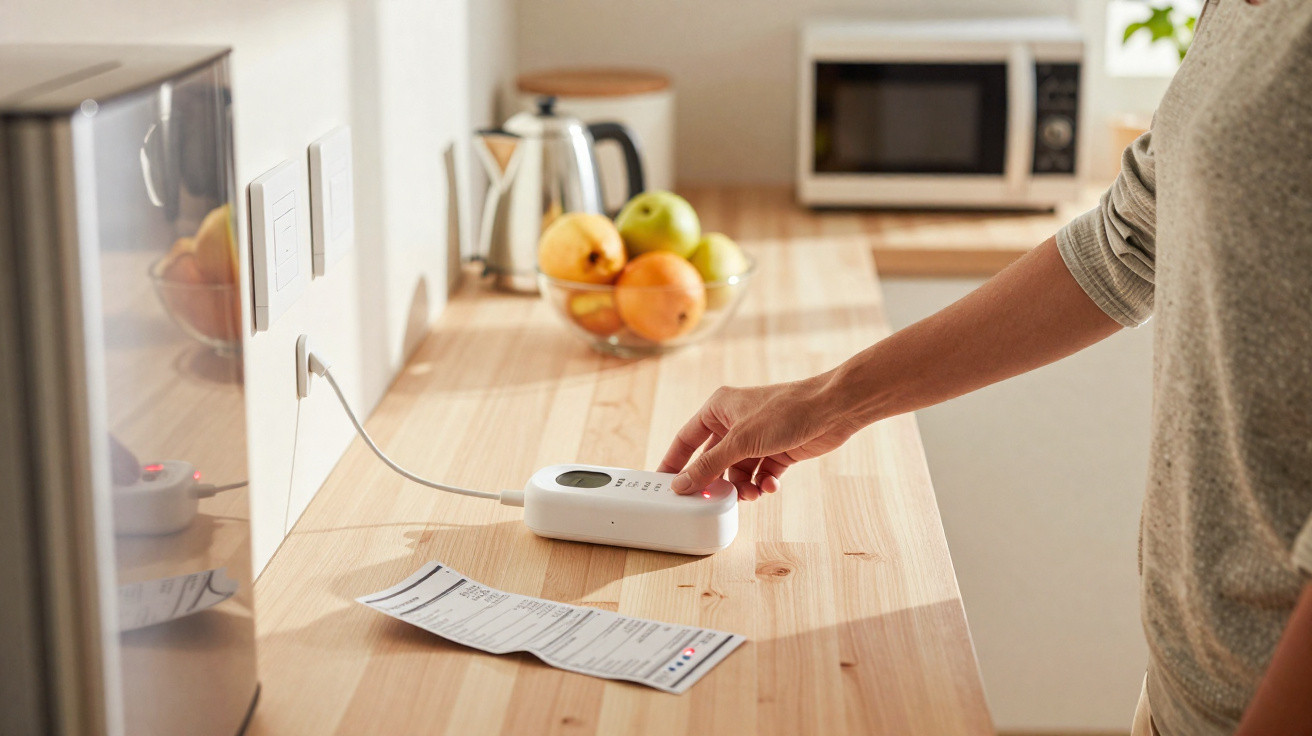Pessoa a usar um dispositivo branco sobre a bancada da cozinha com documentos e frutas ao fundo.