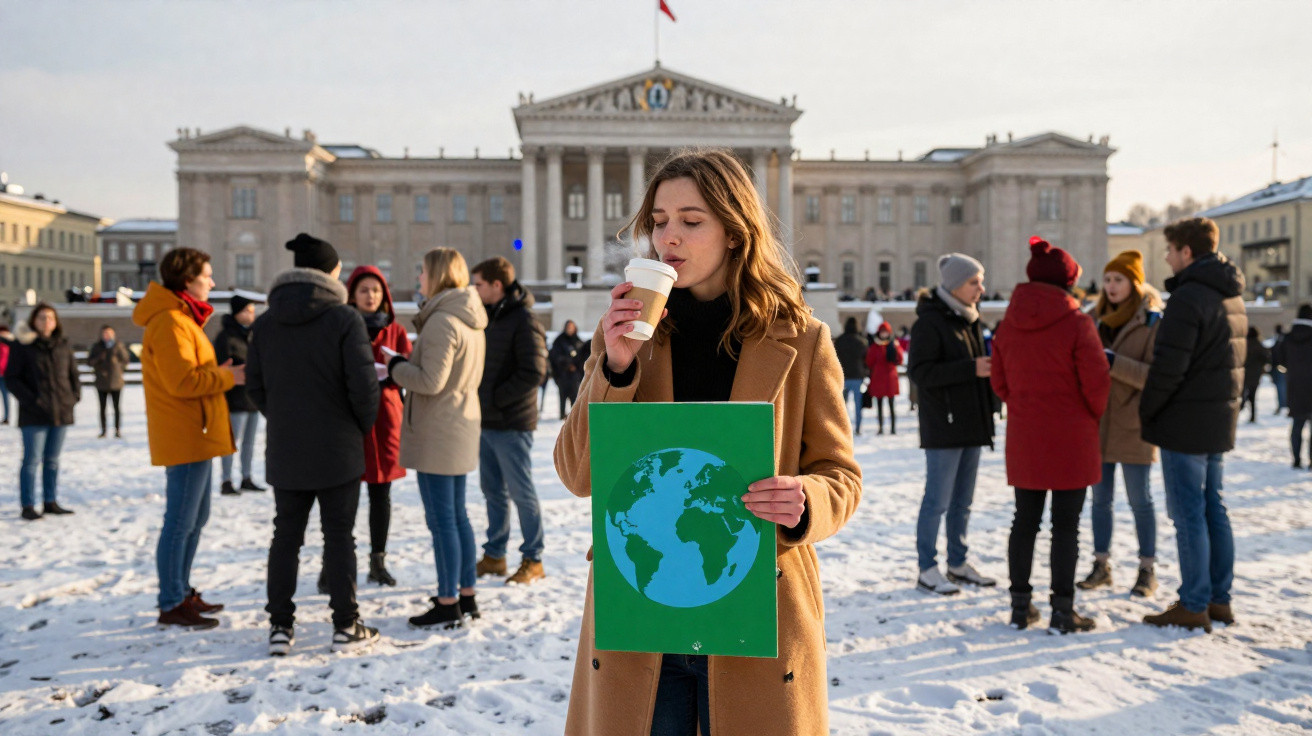Mulher com casaco castanho segura cartaz do planeta Terra e bebe café, com pessoas e neve ao fundo.