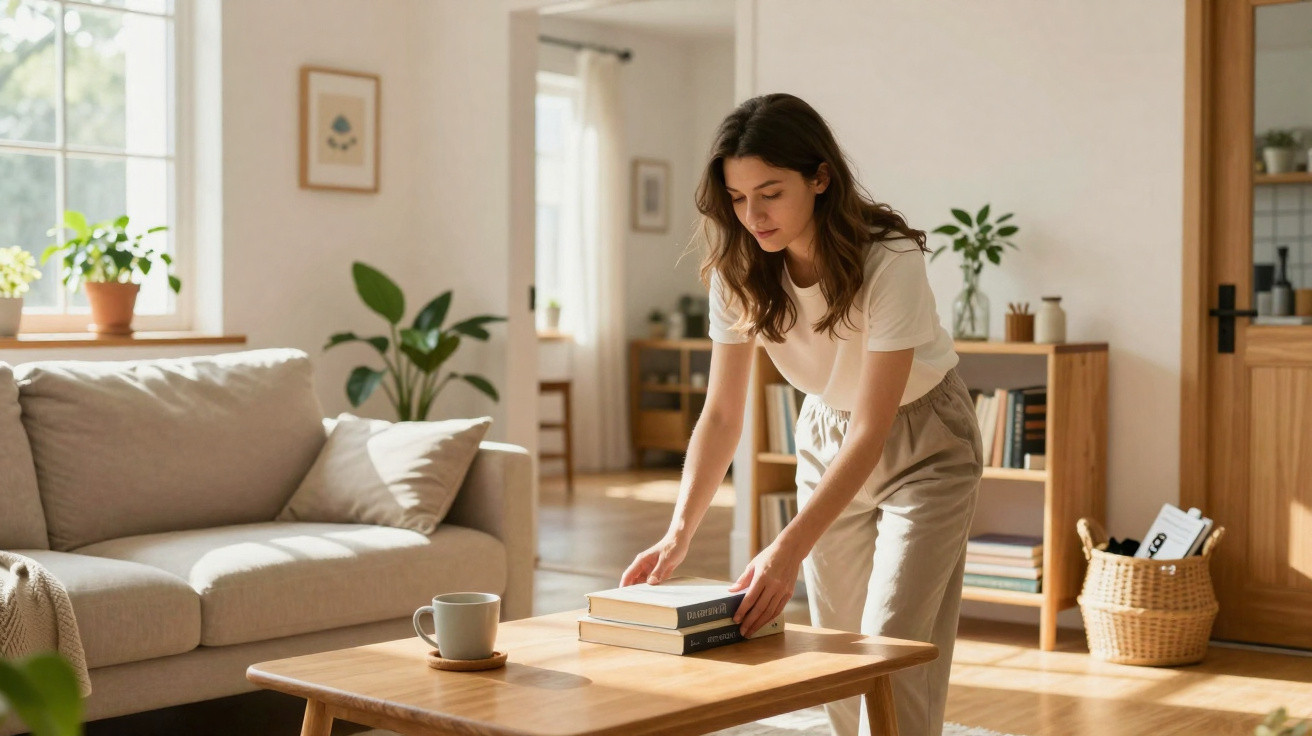 Mulher organiza livros numa mesa de madeira numa sala de estar luminosa e confortável com sofá e plantas.
