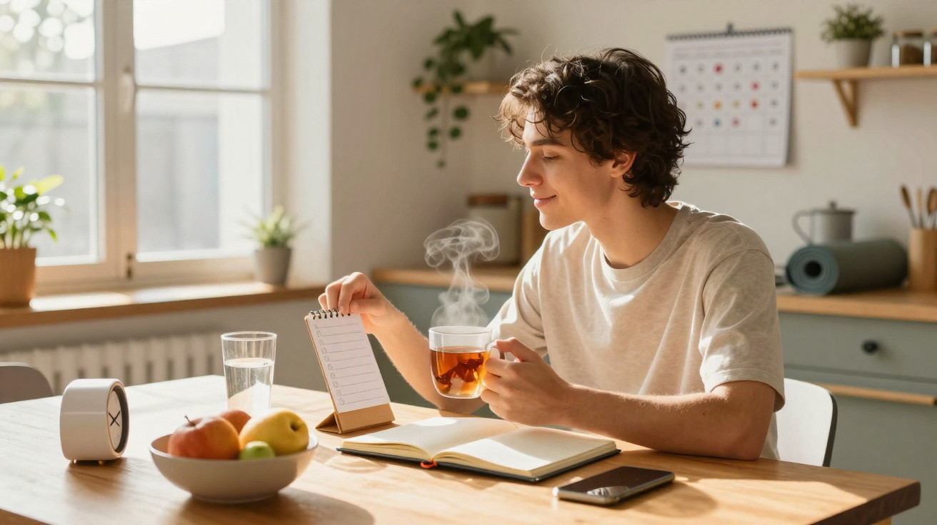 Jovem sentado à mesa com chá, a consultar calendário de mesa, num ambiente claro e acolhedor.