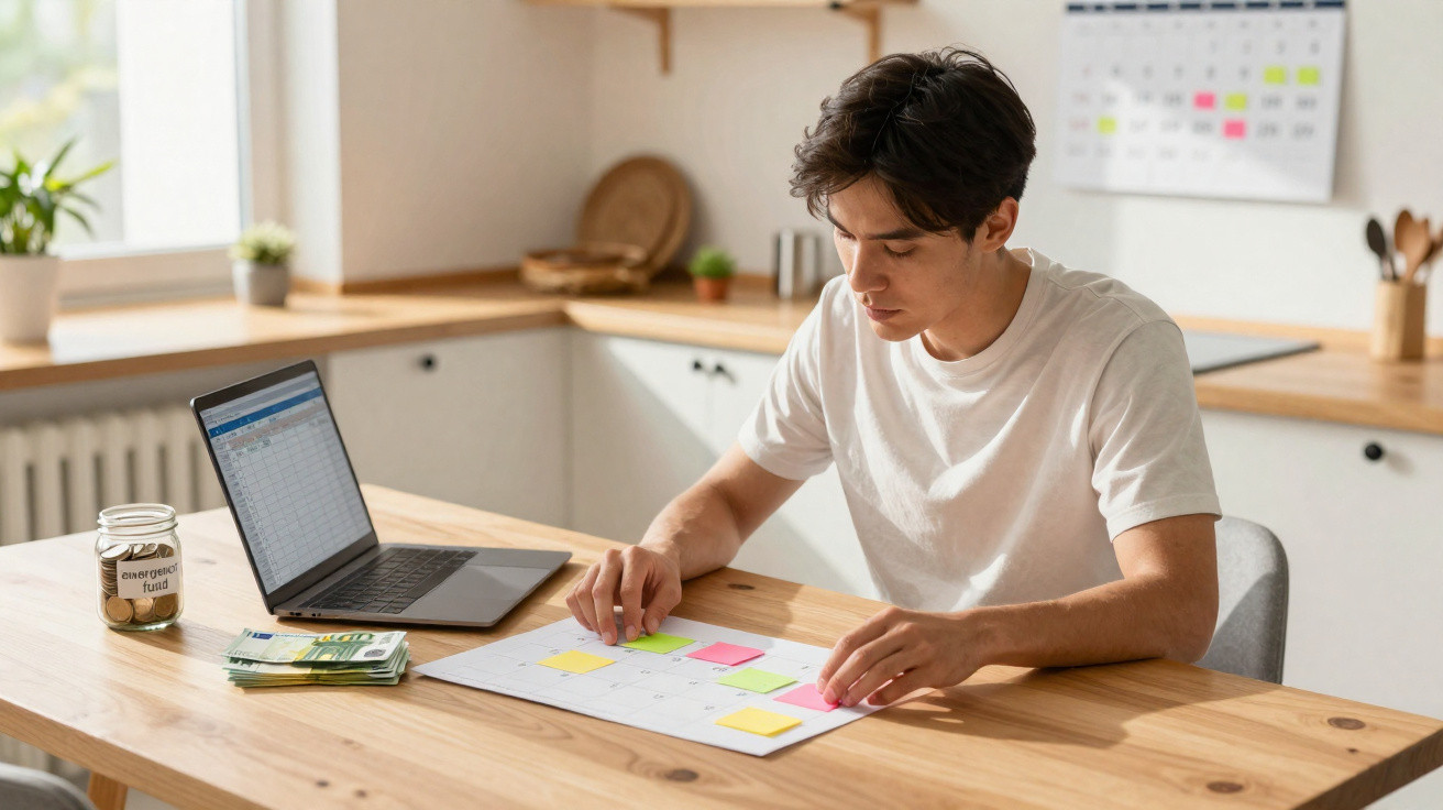 Jovem a organizar notas coloridas num calendário de mesa, com computador e dinheiro na cozinha.