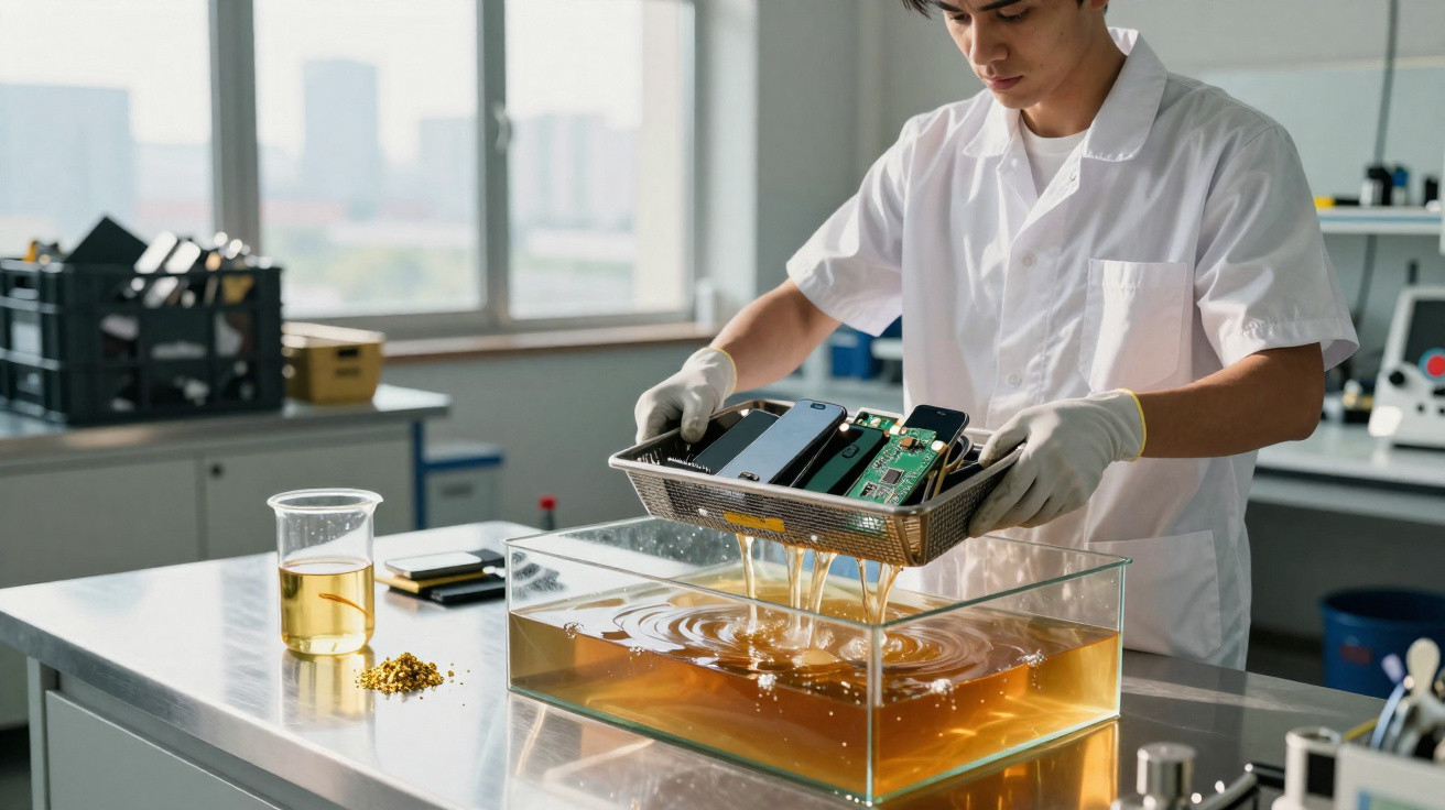 Técnico a submergir componentes eletrónicos numa solução líquida numa bancada de laboratório iluminada.