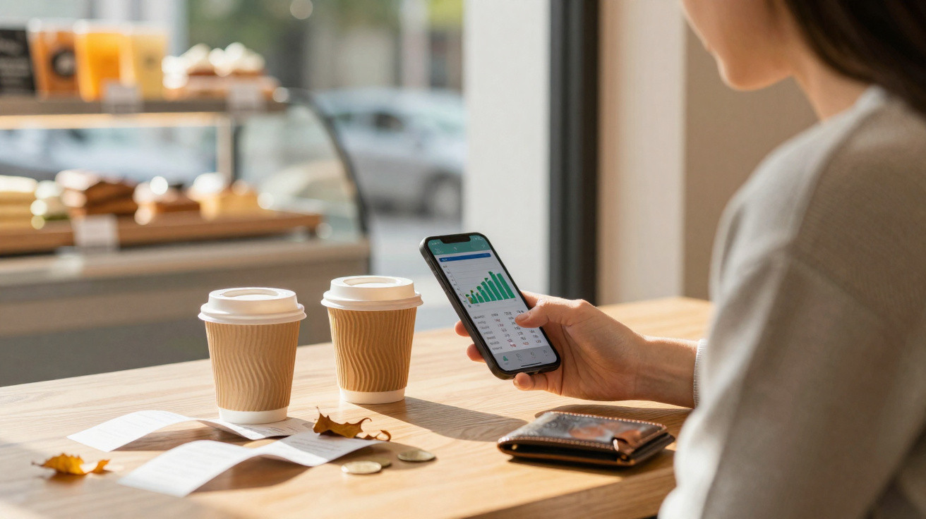 Pessoa sentada numa mesa de café a analisar gráficos financeiros no telemóvel com duas chávenas de café à frente.