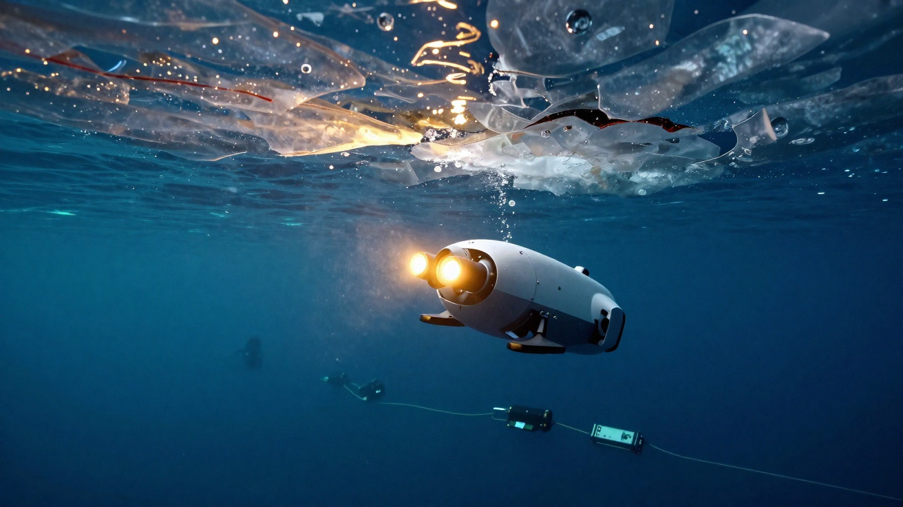 Robot subaquático com luzes a explorar debaixo de uma camada de gelo no oceano profundo.