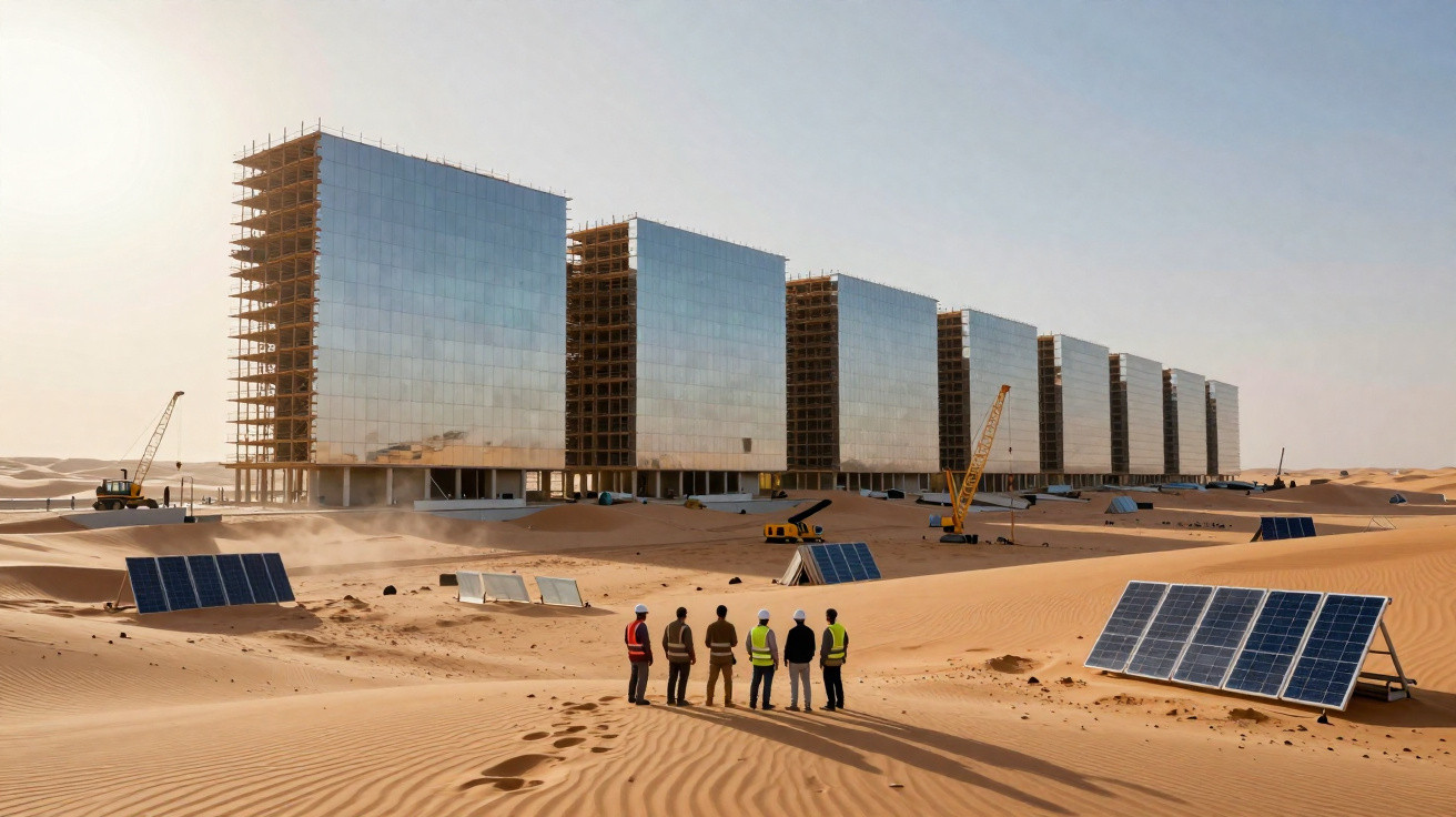 Painéis solares no deserto com edifícios em construção e seis pessoas em coletes refletores.