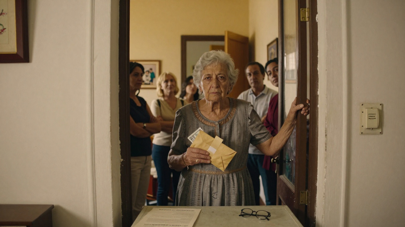 Mulher idosa segurando envelope e dinheiro, de pé na porta, com cinco pessoas ao fundo numa sala.