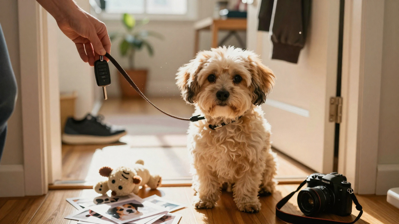 Cachorro pequeno e fofo sentado no chão de madeira com trela, brinquedos, fotos e uma câmara fotográfica.