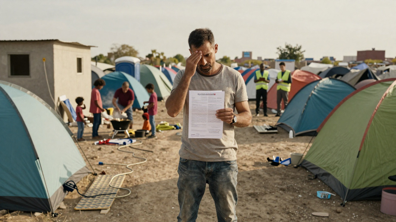 Homem preocupado segurando documento num campo de pessoas e tendas de campanha.