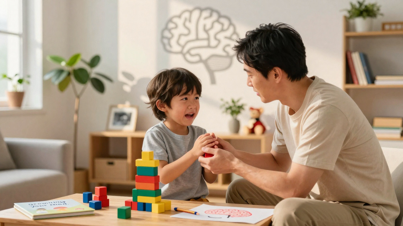Pai e filho a brincar com blocos de construção numa sala bem iluminada e decorada com plantas e livros.