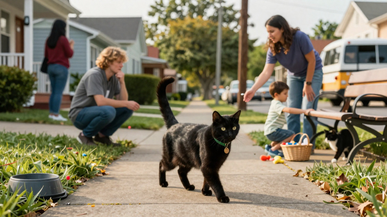 Gato preto a andar numa calçada de bairro residencial com pessoas e crianças ao fundo.