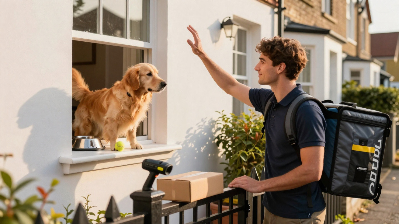 Entrega de encomenda junto a janela com cão Golden Retriever a cumprimentar o entregador.